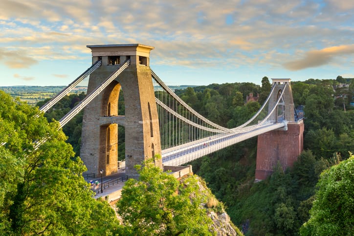 A wide angle view of the Clifton Suspension Bridge spanning the Avon Gorge in the city of Bristol, England, UK.